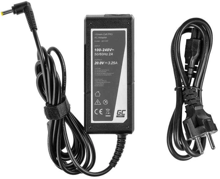 GREENCELL AD123P Žalias Cell PRO įkroviklis / kintamosios srovės adapteris, skirtas Lenovo 65W / 20V 3.25A / 4.0mm-1.7mm