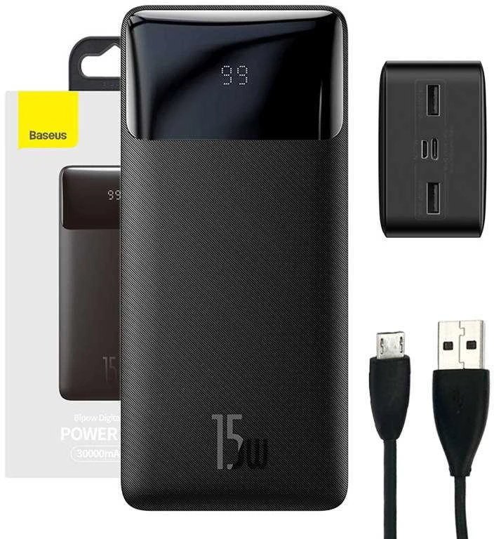 Išorinė baterija Power Bank Baseus Bipow Type-C PD+2xQuick Charge 3.0 15W 30000mAh su ekranu juoda PPBD050201