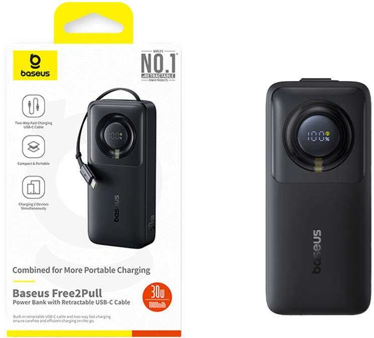 Baseus Free2Pull 10000mAh 30W powerbank su USB-C port and retractable USB-C kabeliu – juodos spalvos