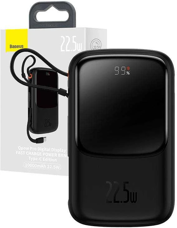 Powerbank Baseus Qpow PRO su laidu, 10000mAh, 22.5W (juodas)