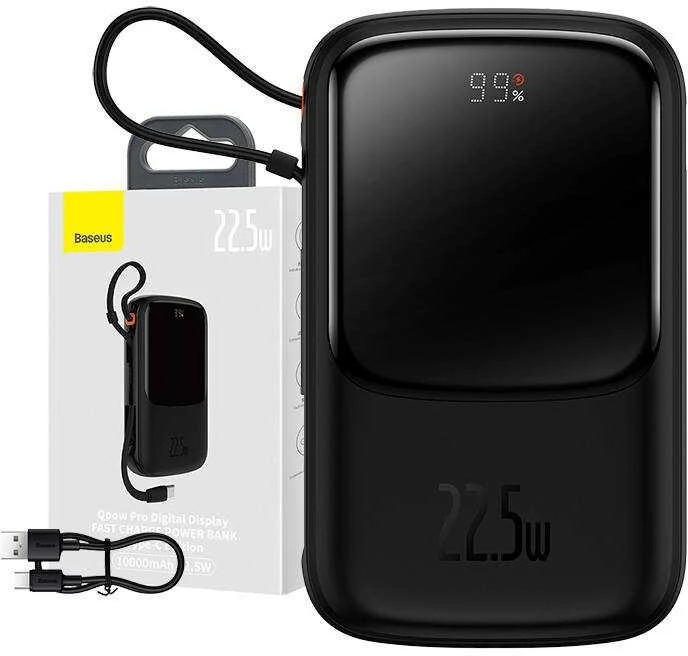 Powerbank Baseus Qpow PRO su laidu, 10000mAh, 22.5W (juodas)