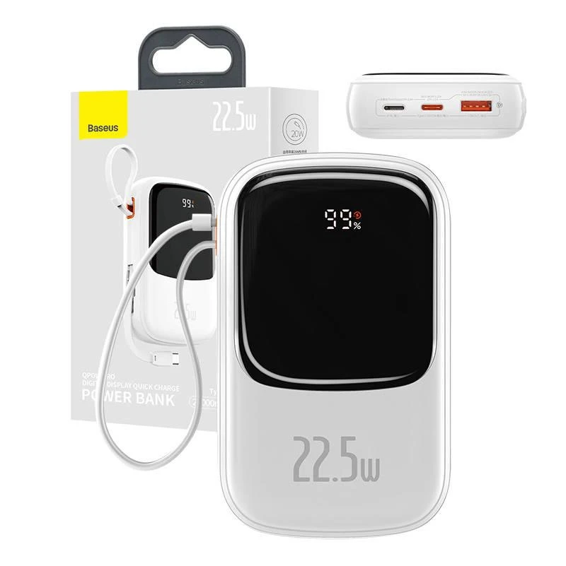 Powerbank Baseus Qpow PRO su laidu, 20000mAh, 22.5W (balta)