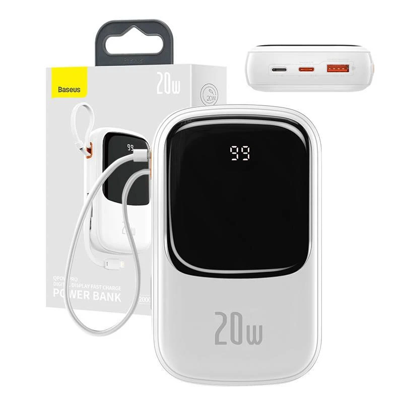Baseus Qpow PRO Powerbank kabelis, 20000mAh, 20W (balta)