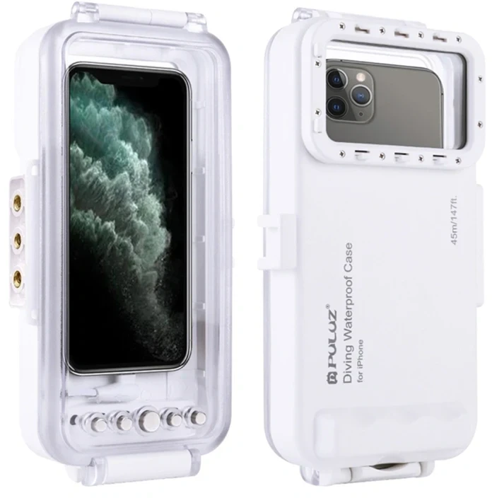 Puluz vandeniui atsparus dėklas (45 m), skirtas iPhone: povandeninėms nuotraukoms ir vaizdo įrašams (baltas)