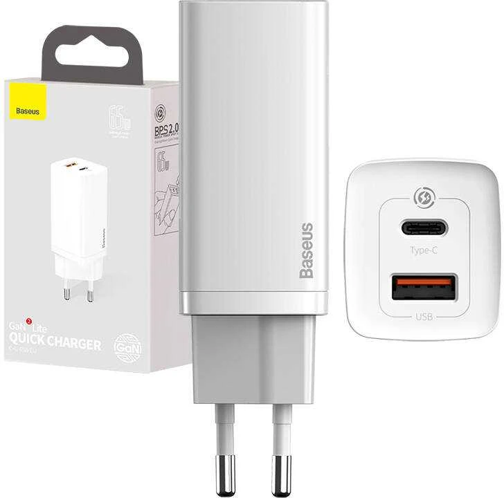 Baseus Sieninis įkroviklis GaN2 Lite 65W USB + USB-C QC4+ PD3.0 SCP FCP AFC, baltas
