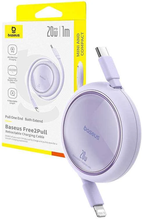 USB kabelis Baseus Free2Pull USB-C iki iP 20W 1m (violetinė)