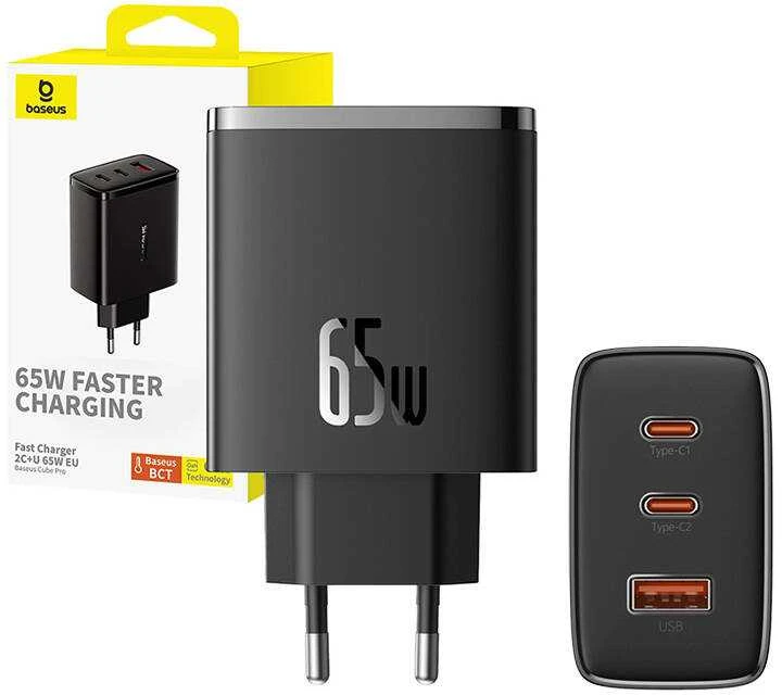 Sieninis įkroviklis Baseus OS-Cube Pro 2xUSB-C + USB, 65W (juodas)