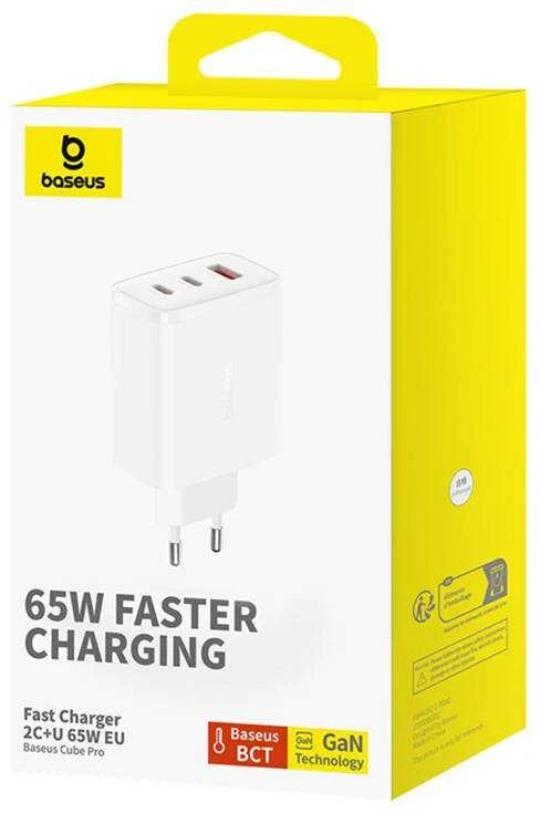 Sieninis įkroviklis Baseus OS-Cube Pro 2xUSB-C + USB, 65W (baltas)