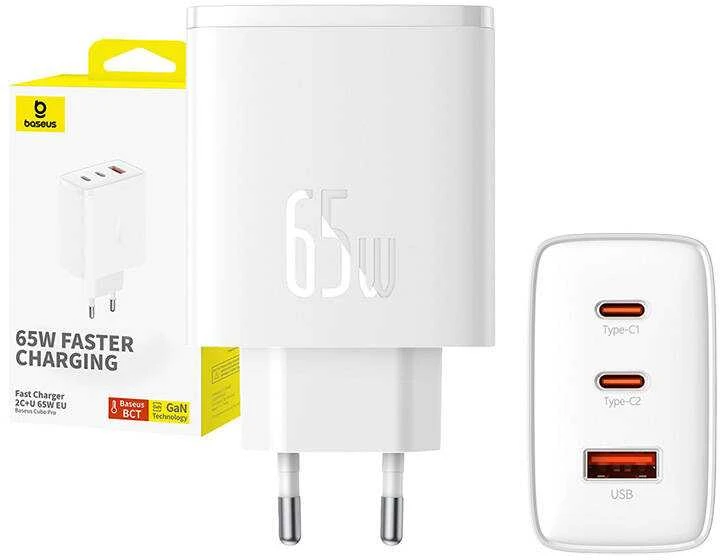 Sieninis įkroviklis Baseus OS-Cube Pro 2xUSB-C + USB, 65W (baltas)