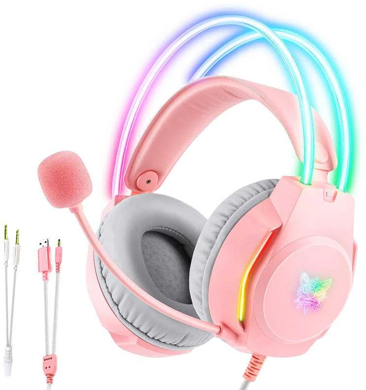 Žaidimų ausinės ONIKUMA X26 - rožinės su RGB apšvietimu
