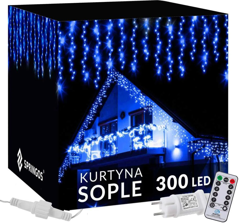 Springos Girlianda varvekliai su nuotolinio valdymo pultu, 300 LED, mėlyna