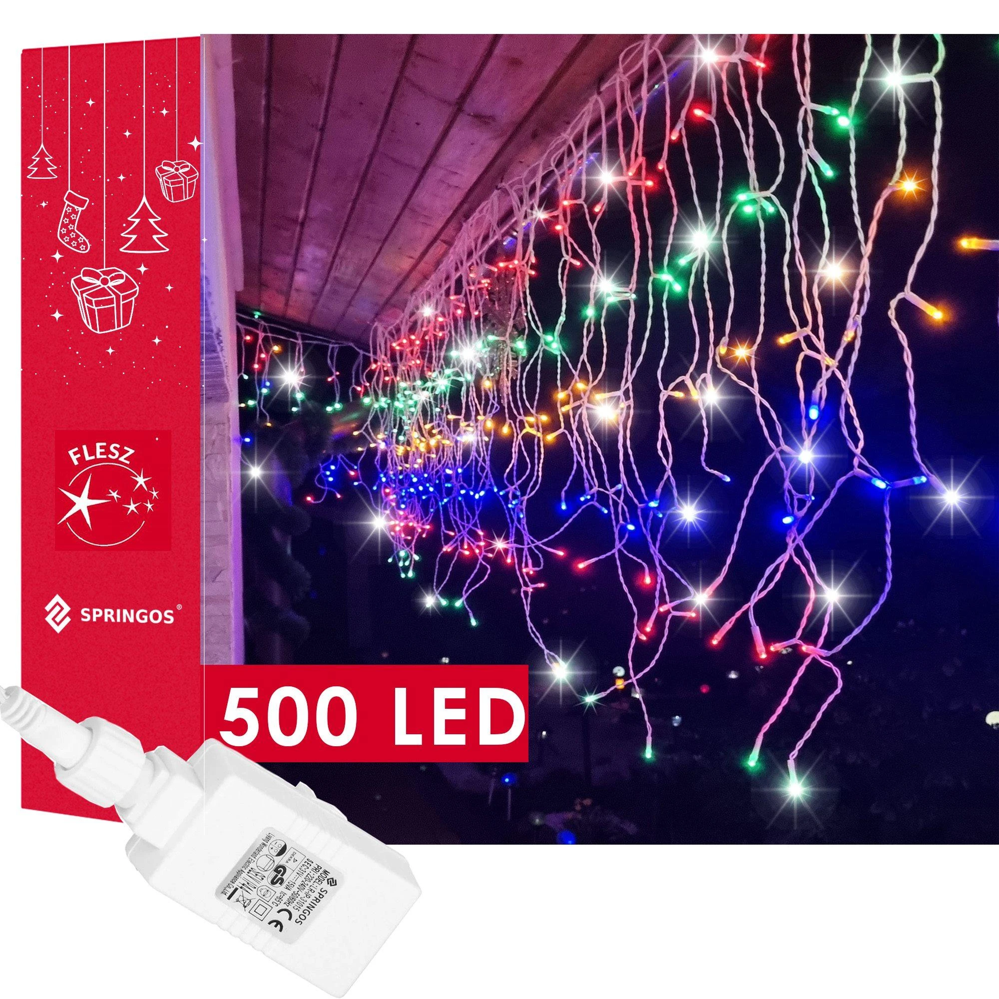 Springos Varveklių girlianda 500 mikro LED, daugiaspalvė su šaltai balta blykste