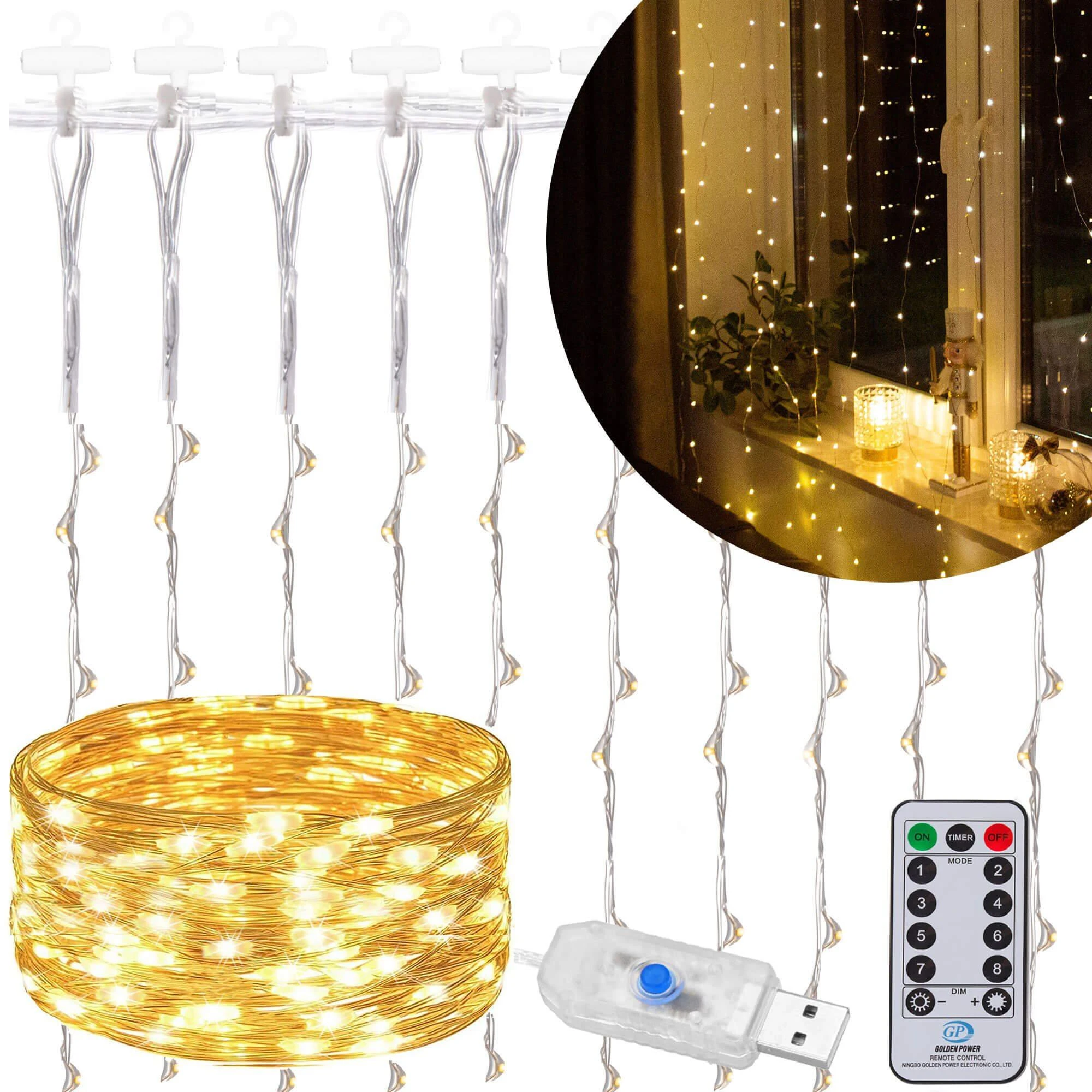 Vielinės lempos užuolaidos Springos 3x3 m, 300 LED, šilta balta