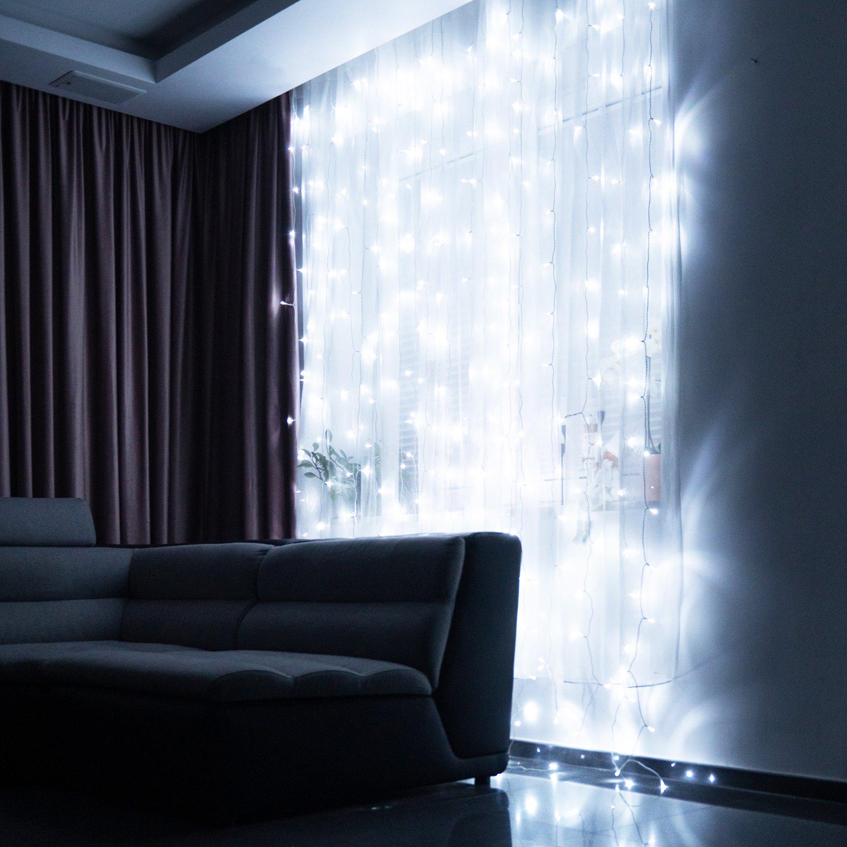Kalėdinės užuolaidinės lemputės Springos 300 LED, 3x3 m, šaltai balta