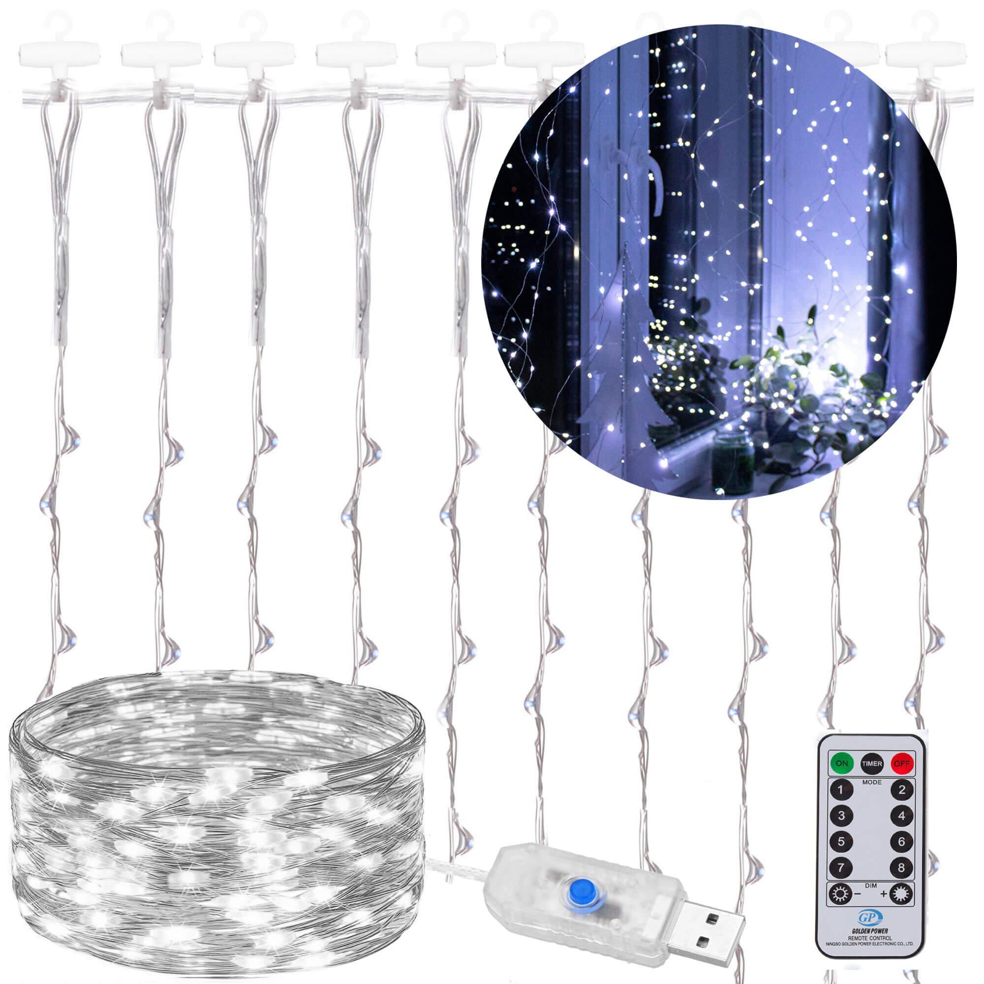 Kalėdinės užuolaidinės lemputės Springos 300 LED, 3x3 m, šaltai balta