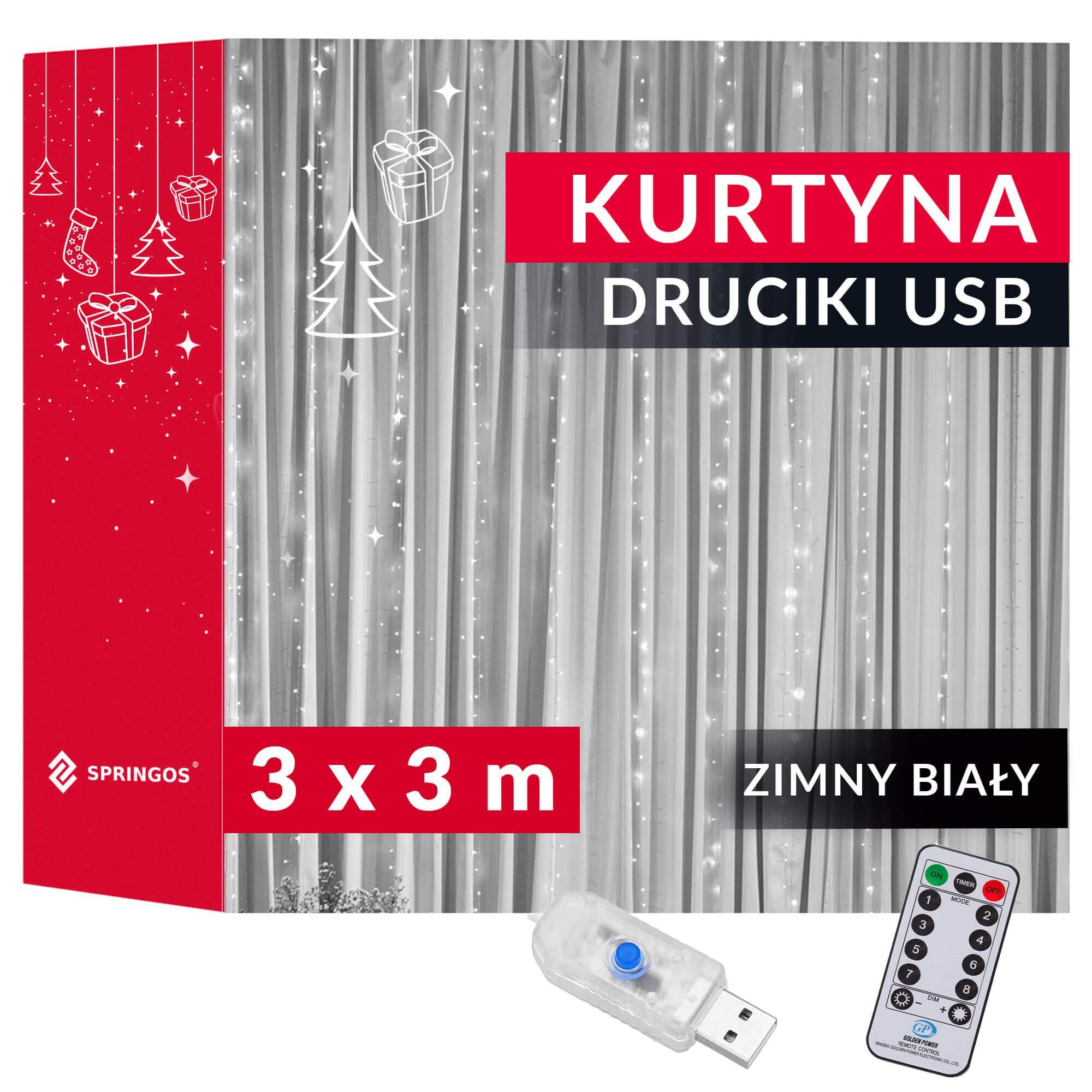 Kalėdinės užuolaidinės lemputės Springos 300 LED, 3x3 m, šaltai balta