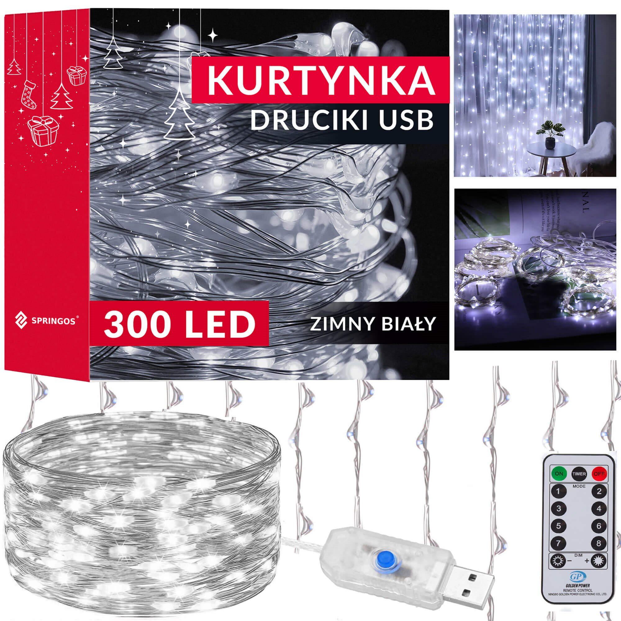 Kalėdinės užuolaidinės lemputės Springos 300 LED, 3x3 m, šaltai balta