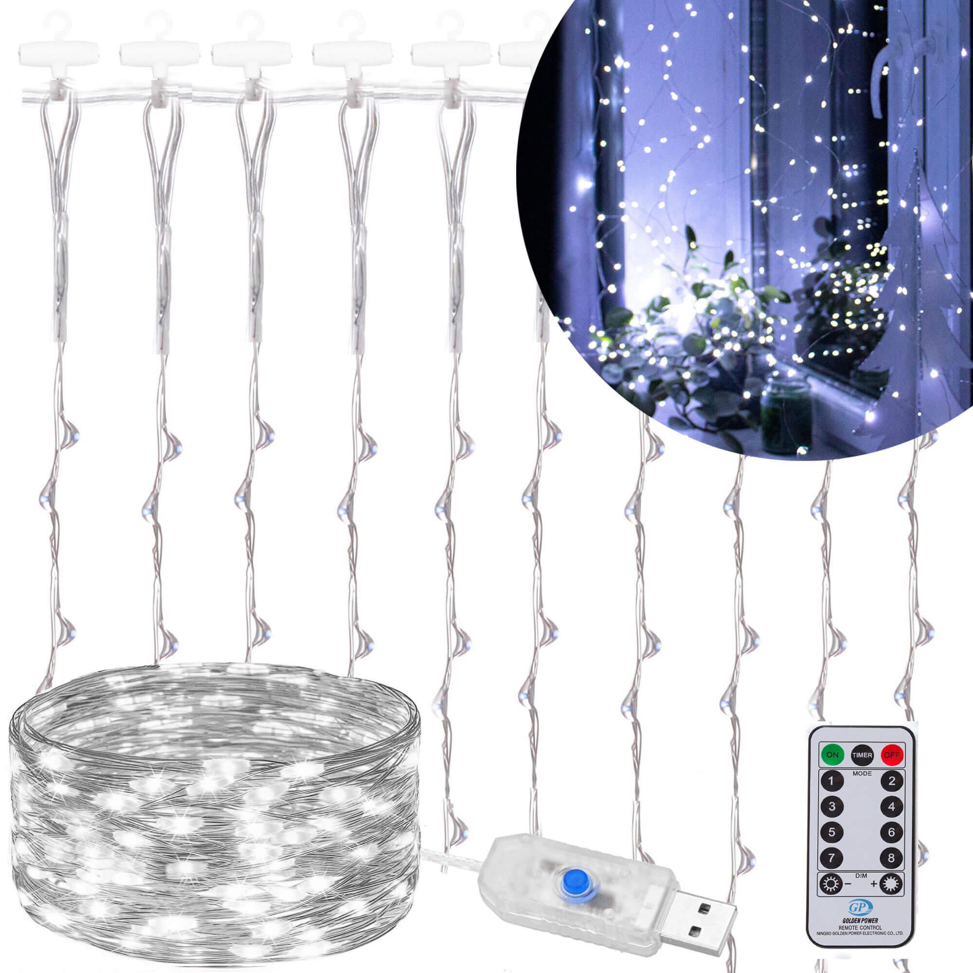 Kalėdinės užuolaidinės lemputės Springos 300 LED, 3x3 m, šaltai balta