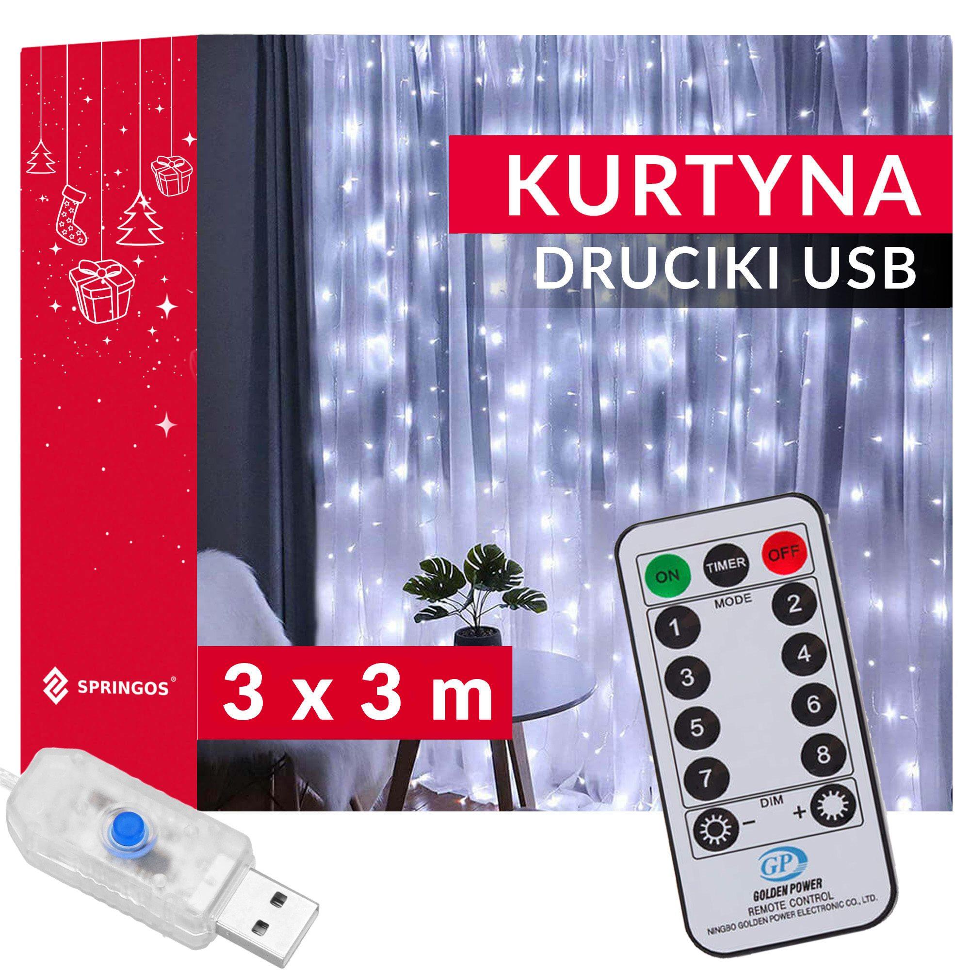 Kalėdinės užuolaidinės lemputės Springos 300 LED, 3x3 m, šaltai balta