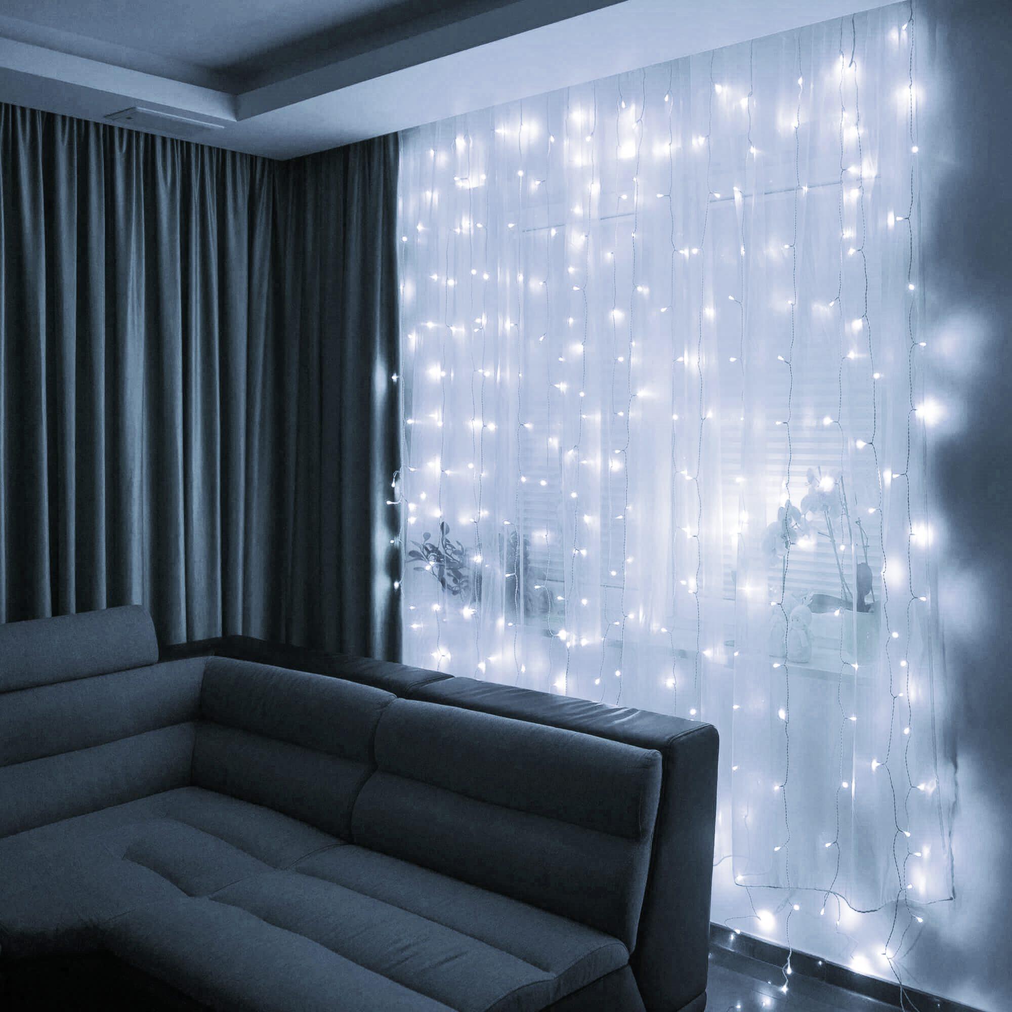 Kalėdinės užuolaidinės lemputės Springos 300 LED, 3x3 m, šaltai balta