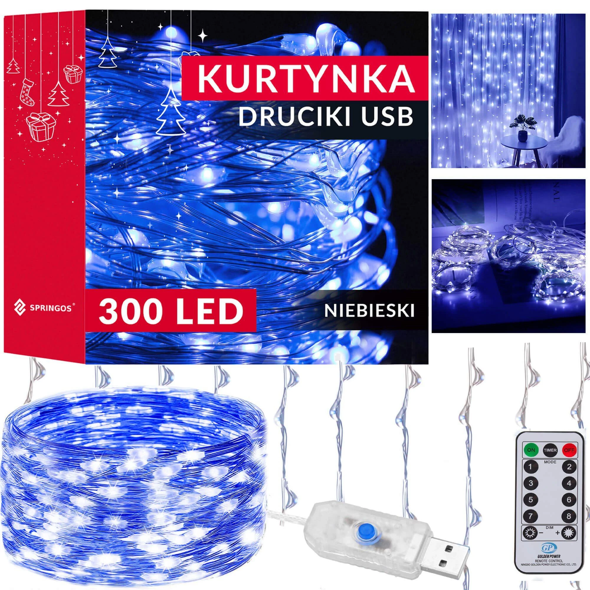 Springos LED Užuolaidėlė 300 mėlynų lempučių 3x3 m su nuotolinio valdymo pultu