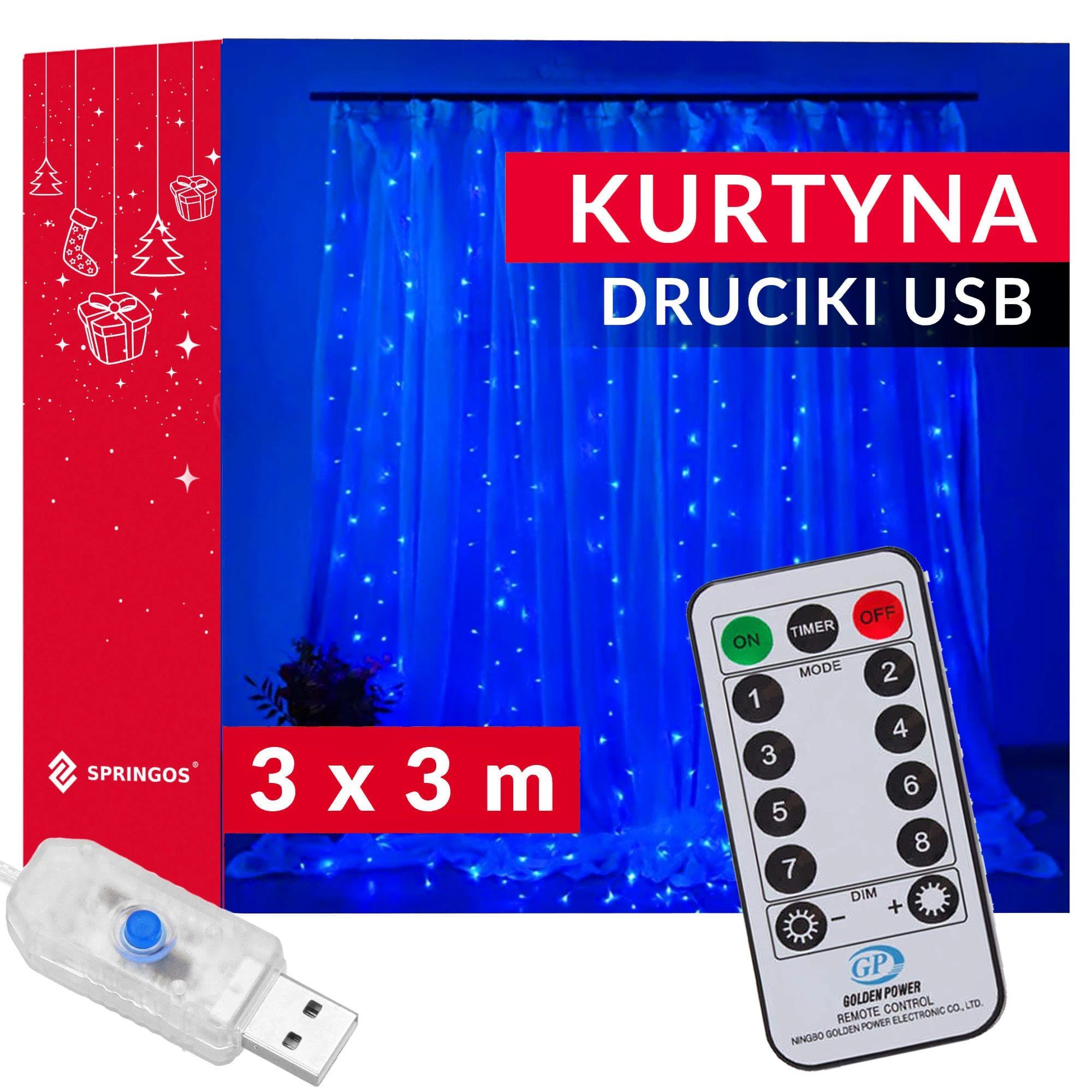 Springos LED Užuolaidėlė 300 mėlynų lempučių 3x3 m su nuotolinio valdymo pultu