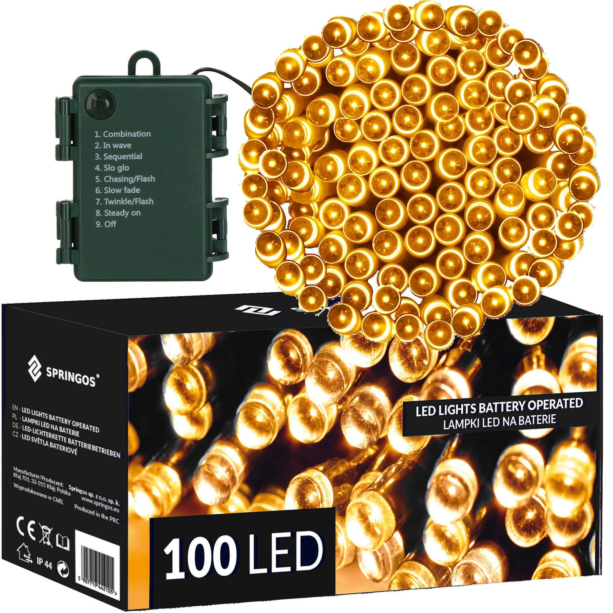 Springos LED girlianda su laikmačiu, 100 šiltai baltų LED