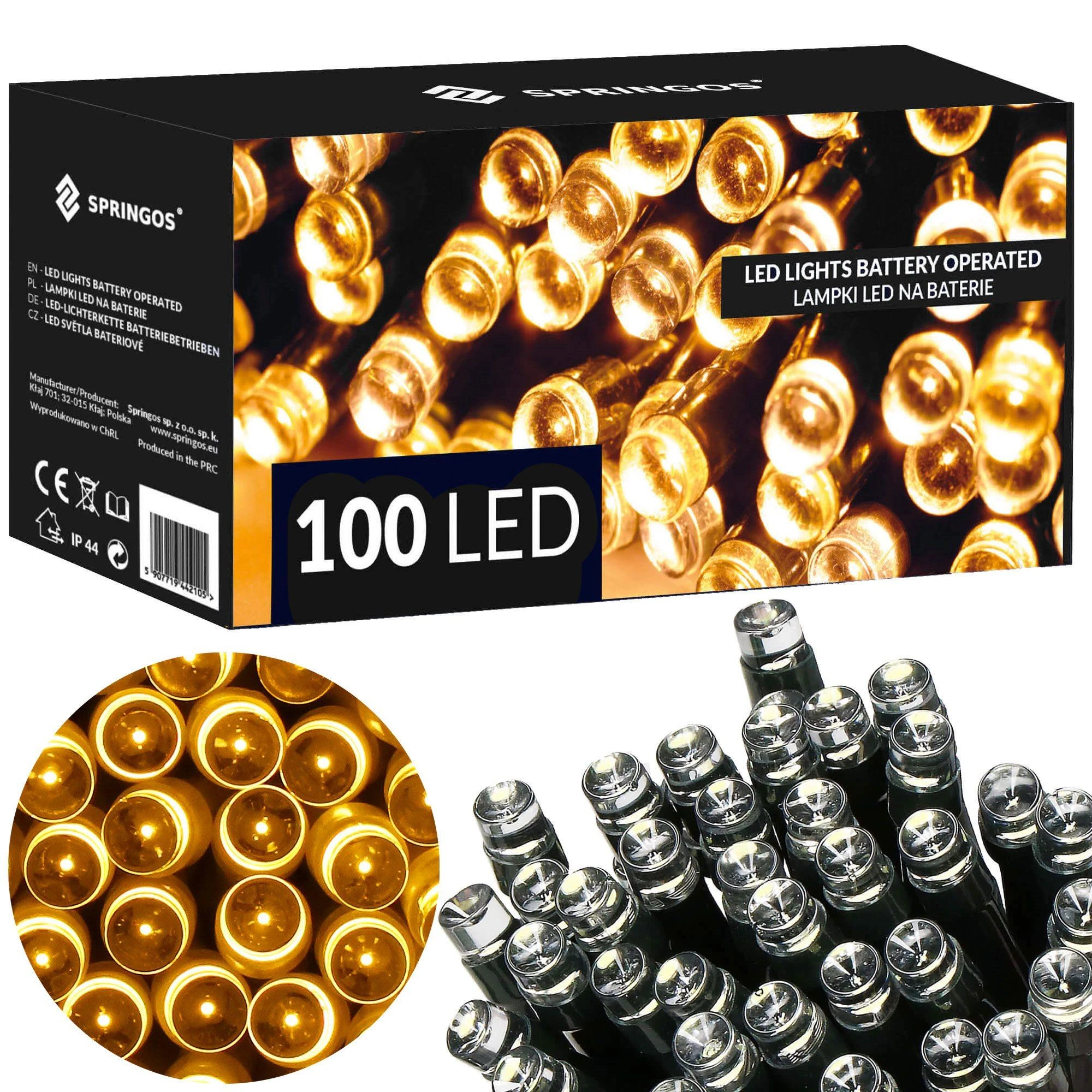 Springos LED girlianda su laikmačiu, 100 šiltai baltų LED