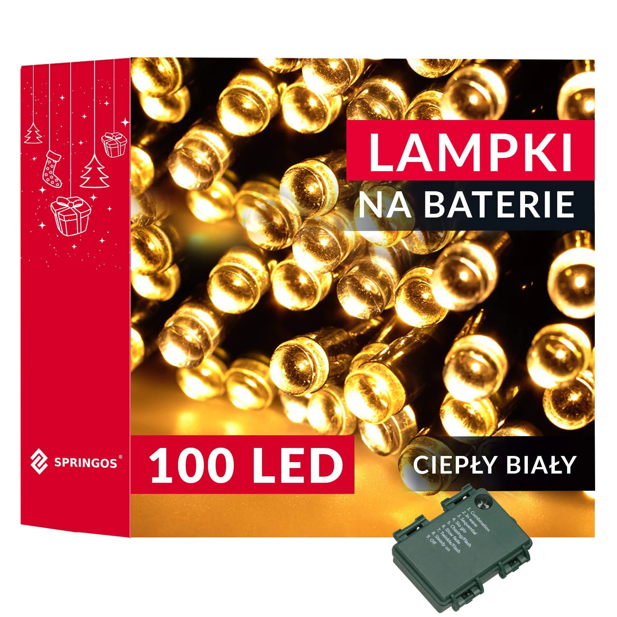 Springos LED girlianda su laikmačiu, 100 šiltai baltų LED