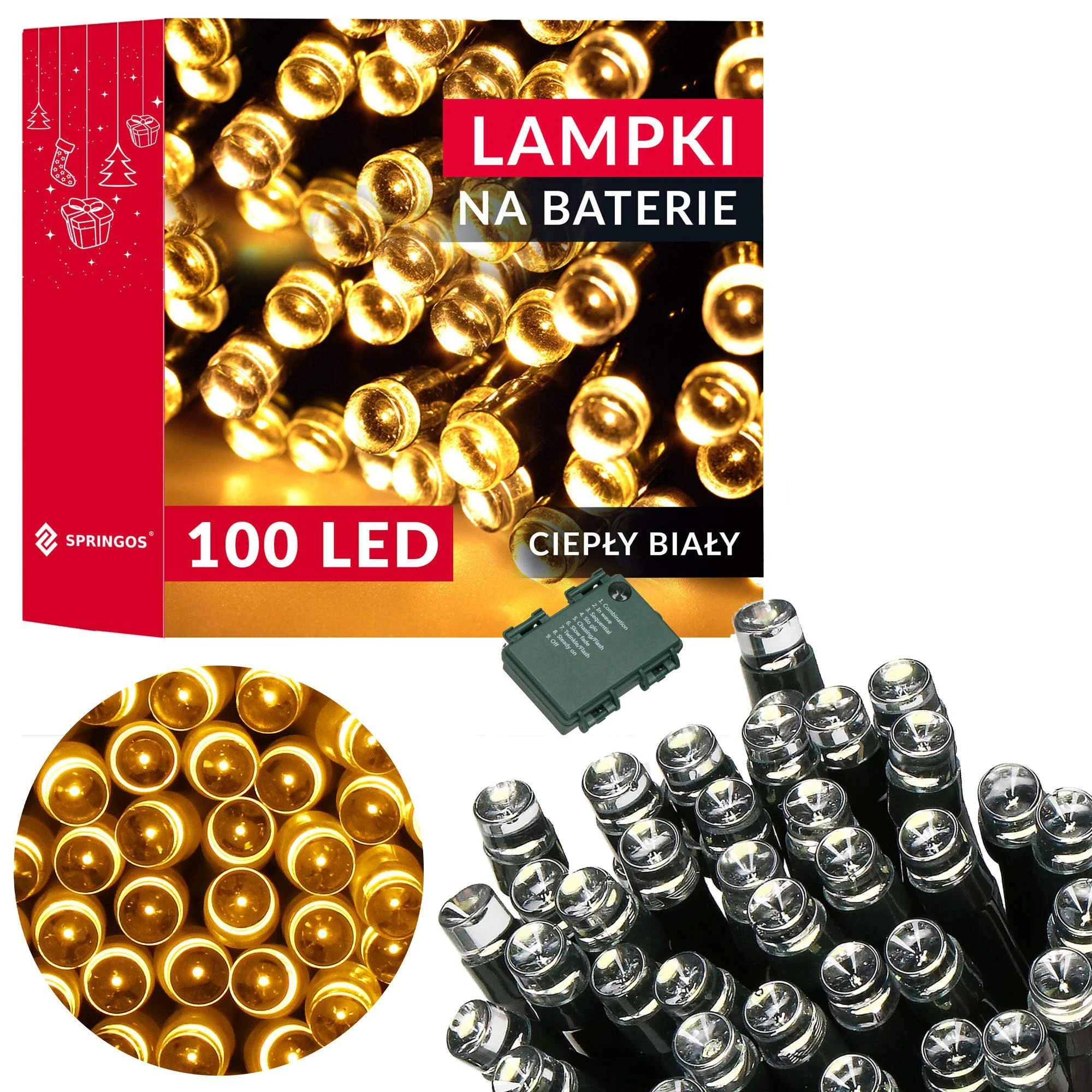 Springos LED girlianda su laikmačiu, 100 šiltai baltų LED