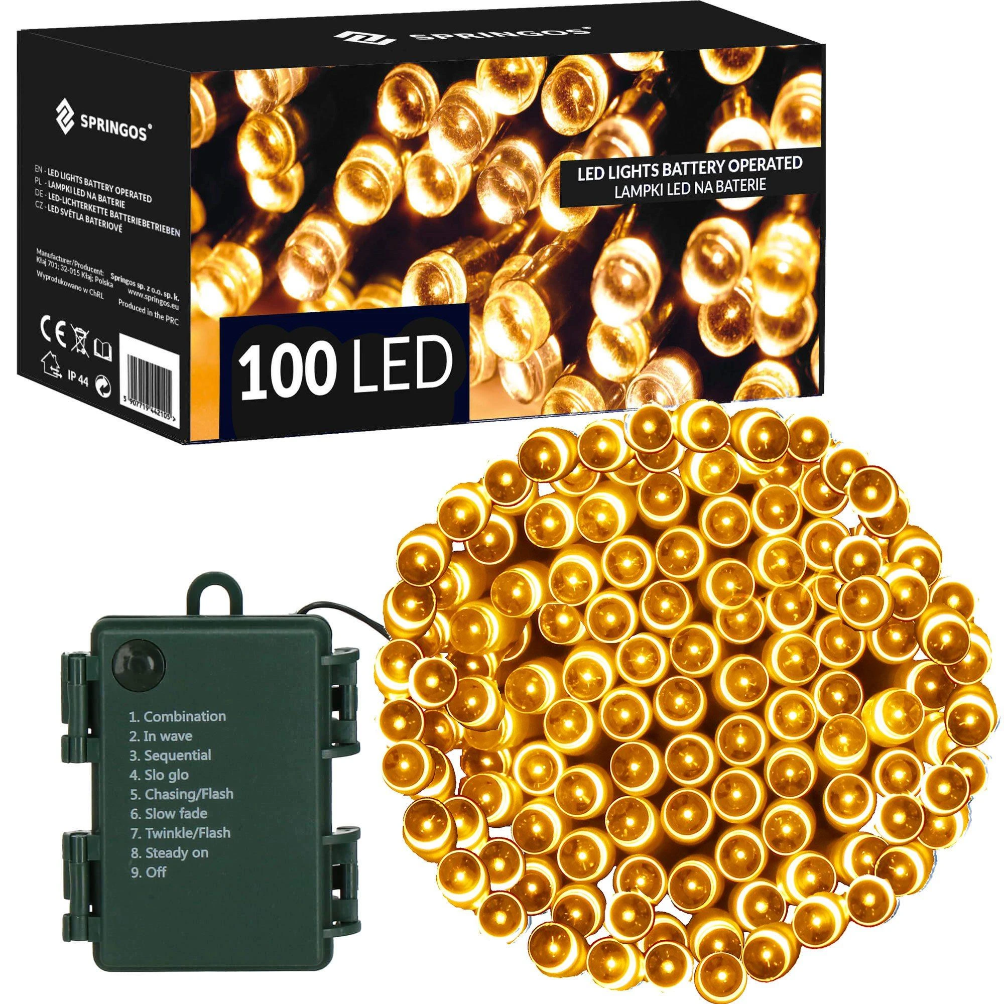 Springos LED girlianda su laikmačiu, 100 šiltai baltų LED