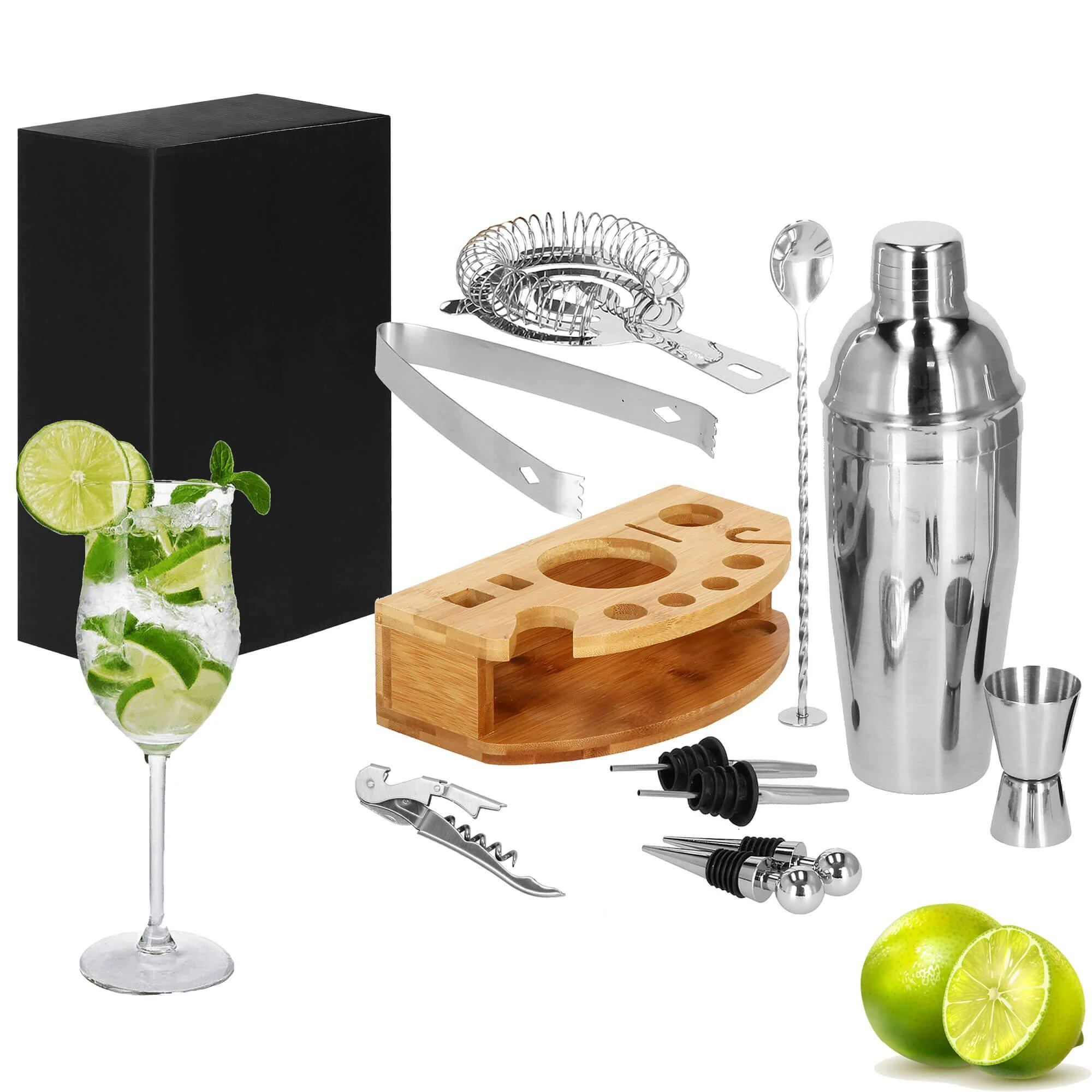 Springos Kokteilių gaminimo rinkinys su bambuko stovu PROFESSIONAL SET, 750ml 12vnt. MAXI