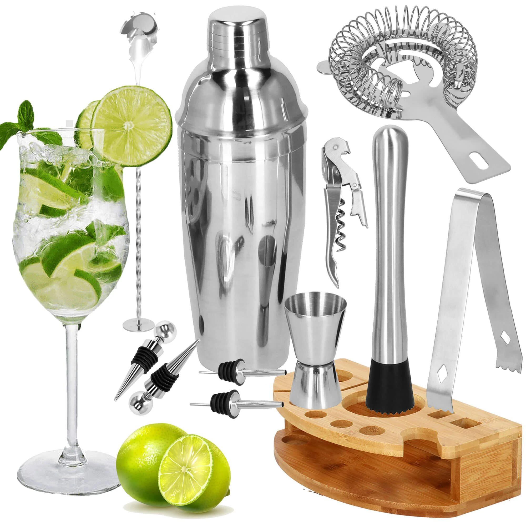 Springos Kokteilių gaminimo rinkinys su bambuko stovu PROFESSIONAL SET, 750ml 12vnt. MAXI