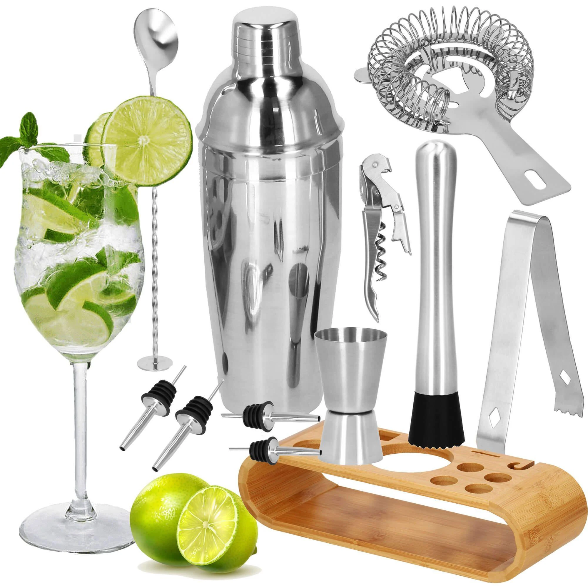 Springos Kokteilių gaminimo rinkinys su bambuko stovu PROFESSIONAL SET, 750ml 12vnt. MAXI