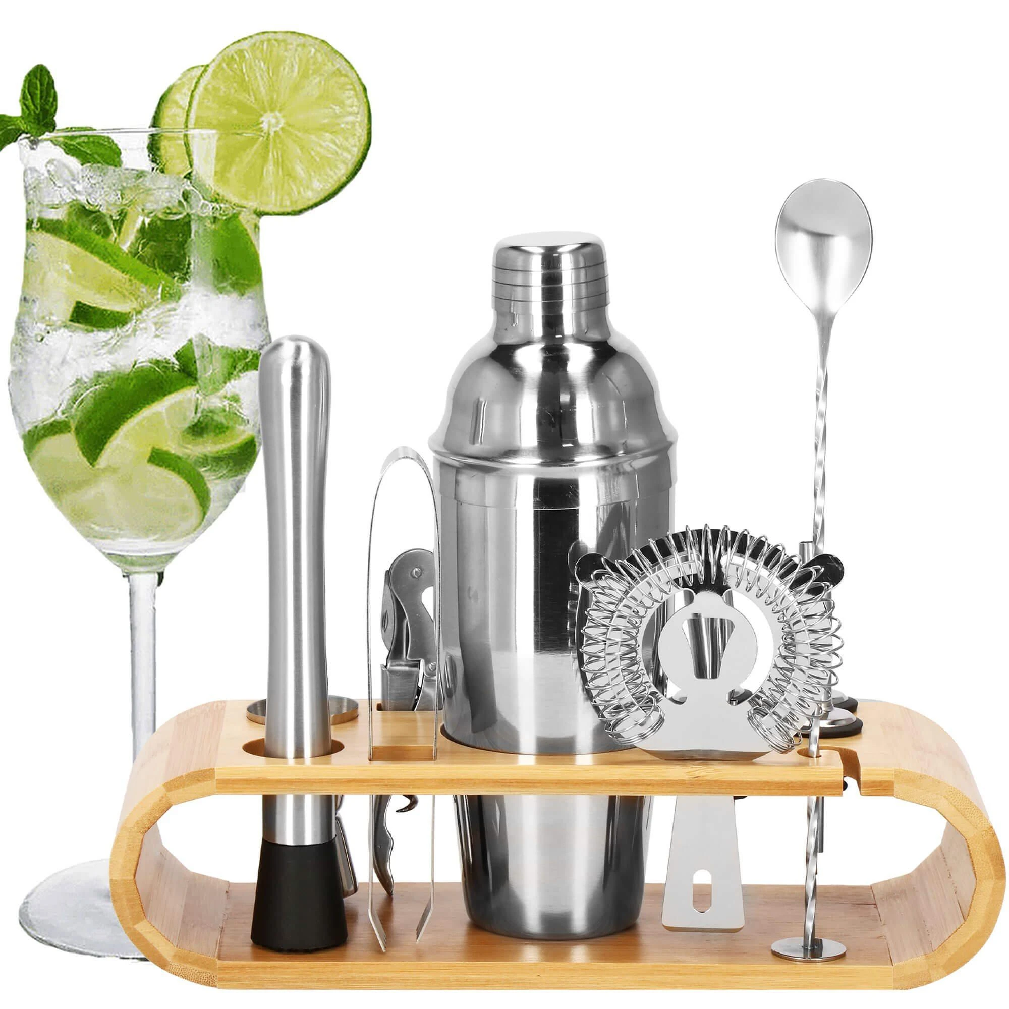Springos Kokteilių gaminimo rinkinys su bambuko stovu PROFESSIONAL SET, 750ml 12vnt. MAXI