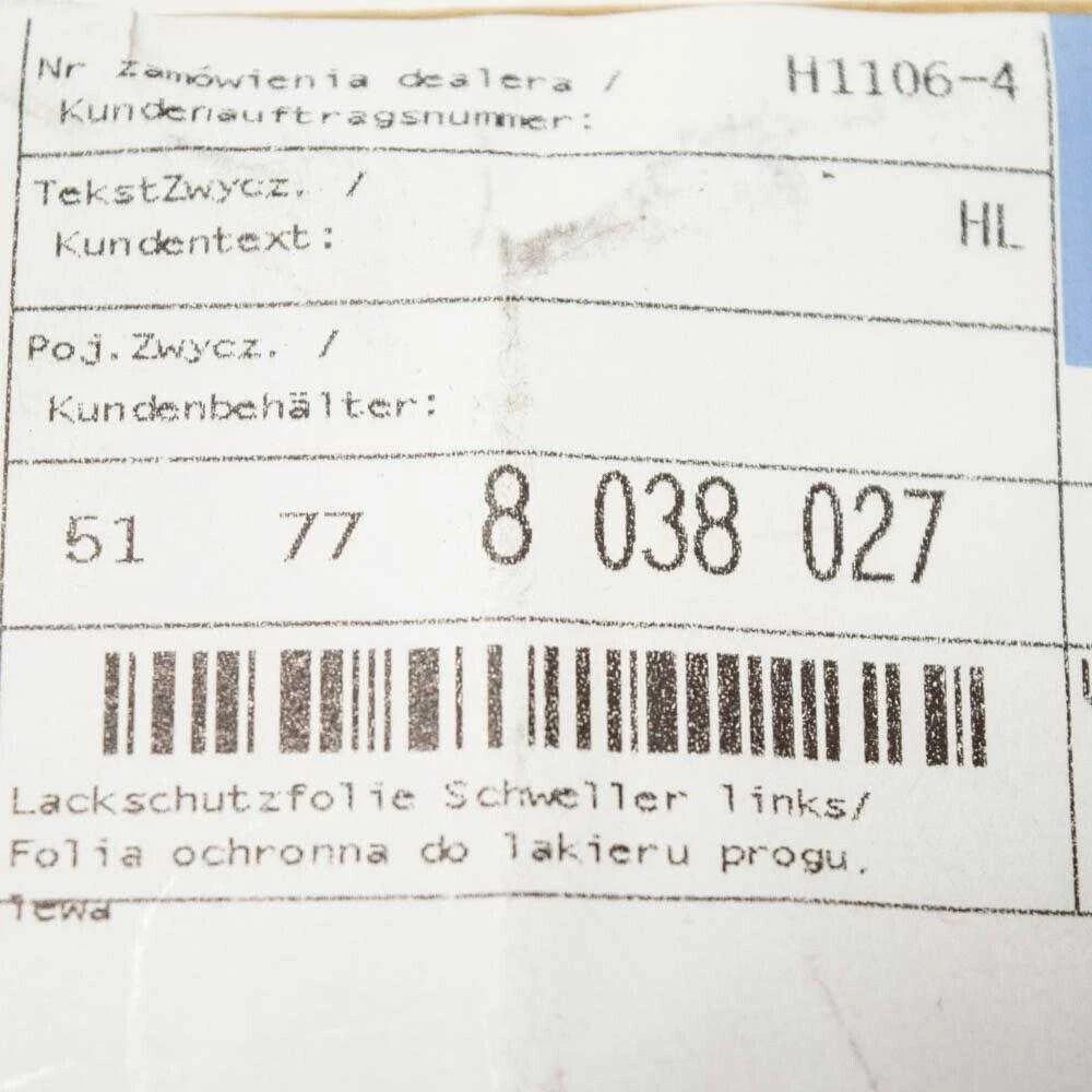 BMW E70 apsauginė plėvelė kairiajam slenksčiui Originali 51778038027