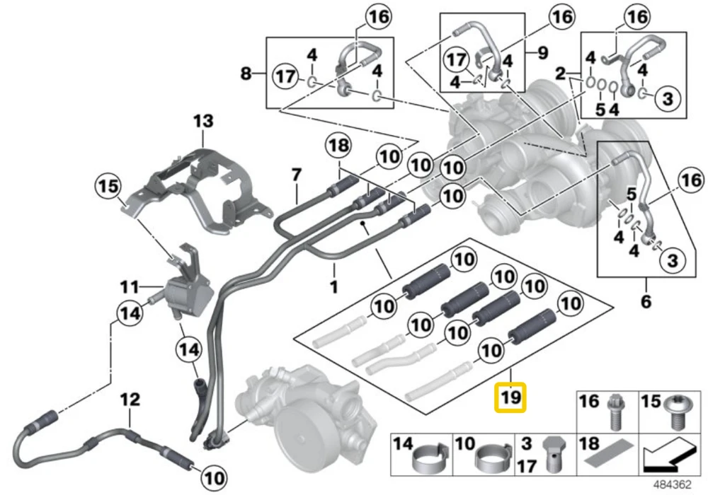 BMW F10 F06 F12 F12 F13 turbinos aušinimo vamzdelio remonto rinkinys originalus 11538092360