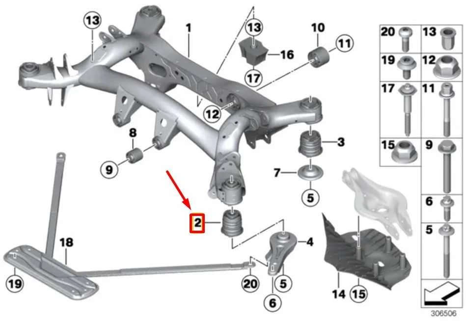 BMW F20 F20 F30 F32 F36 Galinio tilto guminis tvirtinimas priekyje originalus 33316792509