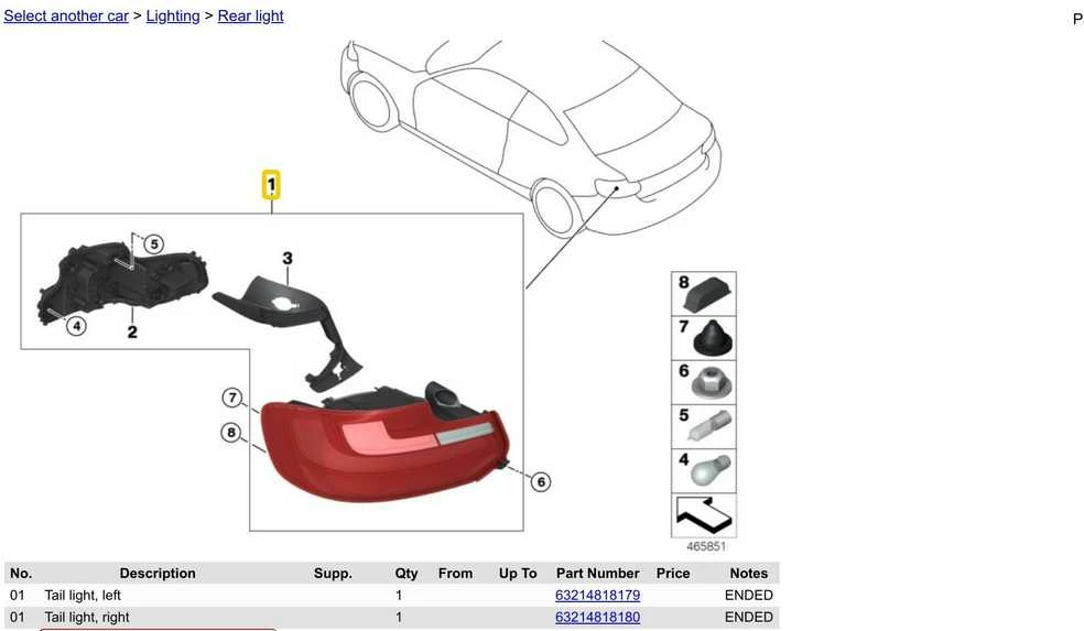 BMW F22 F23 F82 228i M235i M240i Galinis vairuotojo kairės pusės galinio žibinto žibintas 63217295427 originalus