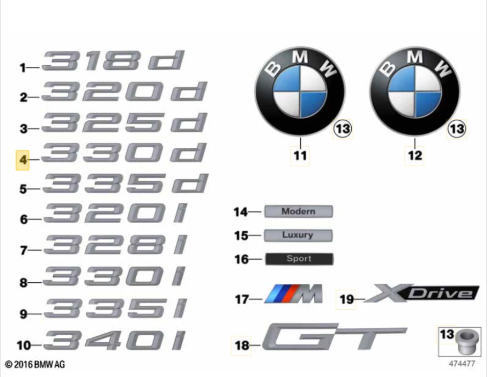 BMW F34 bagažinės dangtis 330d emblema emblema logotipas ženklas originalus 51147351954