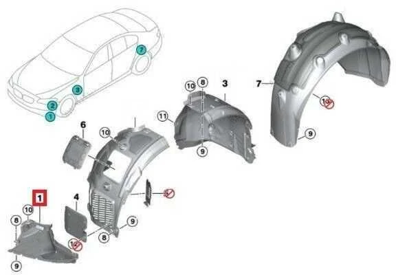 BMW G30 G31 PRIEKINIO RATO ARKOS KAIRĖS PUSĖS APATINIO SPARNO ĮDĖKLO DANGTIS ORIGINALUS 51757340743