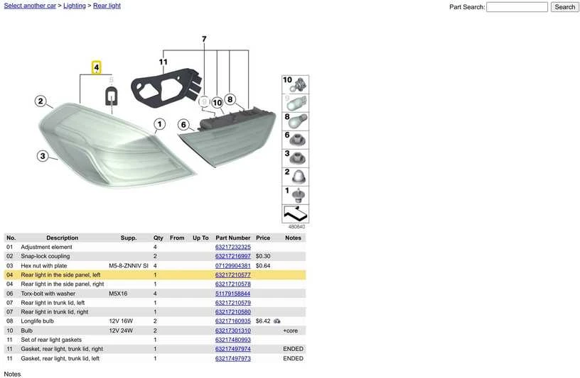 Bmw Galinis Žibintas Šoniniame Skydelyje Kairėje F06 F12 F13 Originalus 63217210577