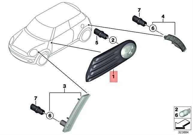 BMW Mini Cooper R55 R56 R57 Papildoma kairė posūkio indikatoriaus lemputė originali 63137268881