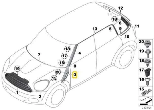 BMW MINI COUNTRYMAN PACEMAN S DEŠINIS ŠONINIS BLIZGUS Juodas SIGNALO APDAILOS DETALĖS ORIGINALI 9812908