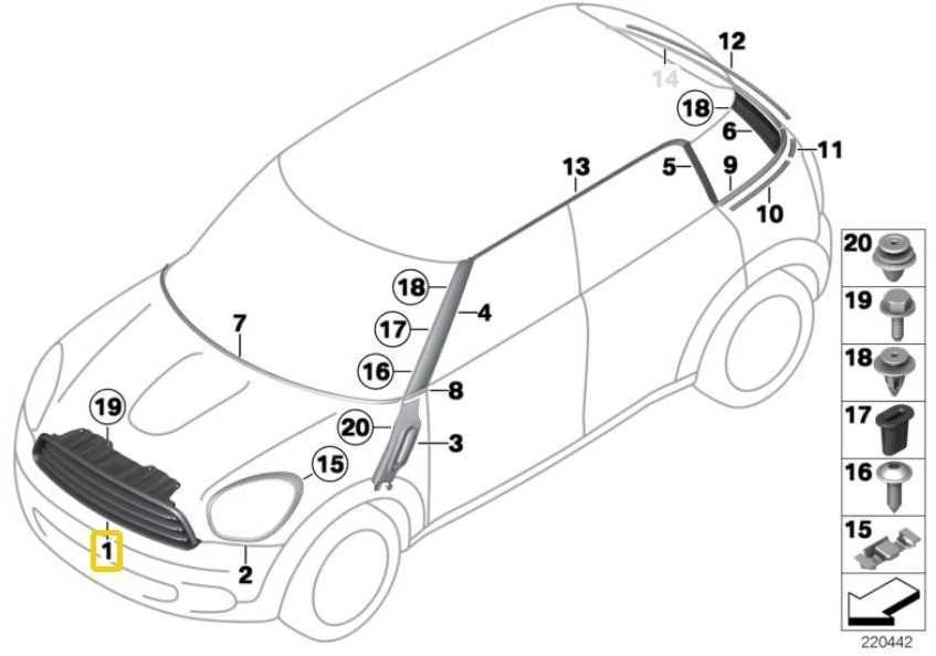 BMW MINI Countryman R60 Paceman R61 Grilio Priekis Originalus 51139808569