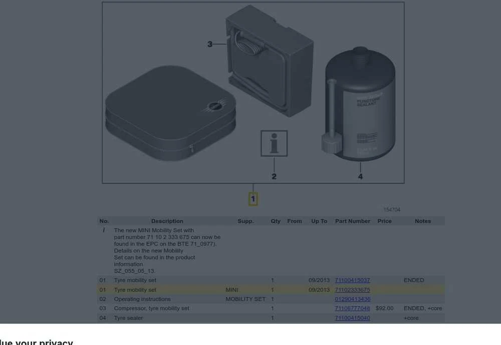 BMW MINI padangų mobilumo rinkinys su oro pompa, sandariklio adapteriu, vožtuvais 71102333675 Originalus