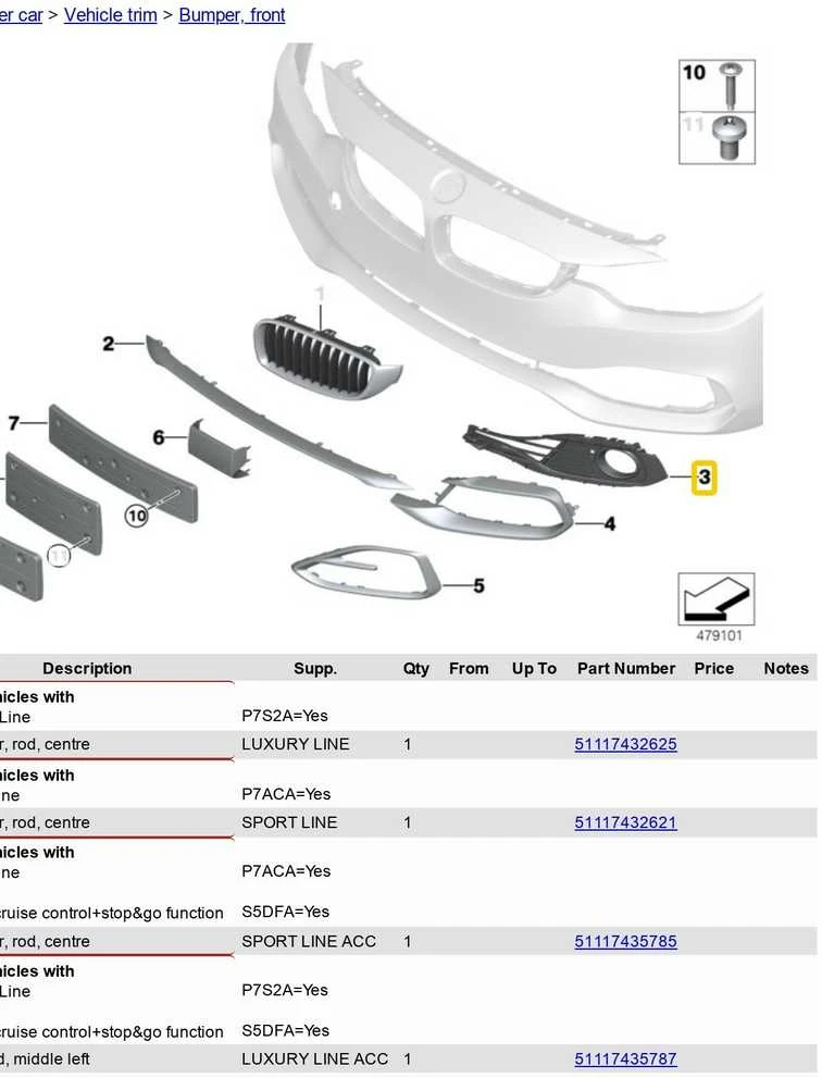 BMW priekinis bamperis kairėje atidaryta grotelė GRILLE SPORT 51117432615 originalus