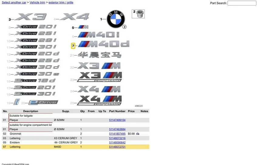 BMW X3 G01 X4 G02 M40d Galinis ženkliukas logotipas bagažinės emblema 51148072701 Originali