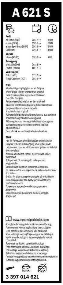 BOSCH A621S valytuvų peiliukų rinkinys 3397014621, skirtas ALFA ROMEO TONALE, AUDI E-TRON/Q8, JAGUAR I-PACE, PORSCHE TAYCAN