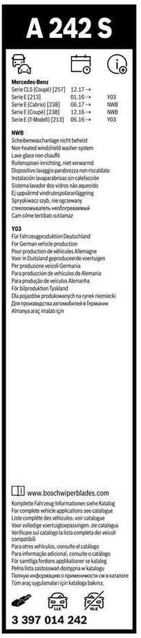 BOSCH valytuvo mentė Aerotwin A242S MERCEDES CLS C257 E-CLASS W213 A2138205701